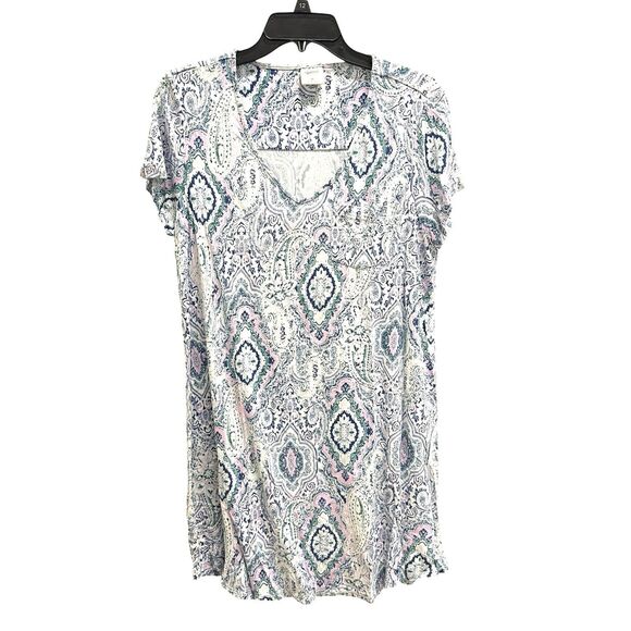 Soma Cool Nights Soft Nightgown White Paisley Print Short Sleeve V-Neck Size Med - Picture 1 of 7